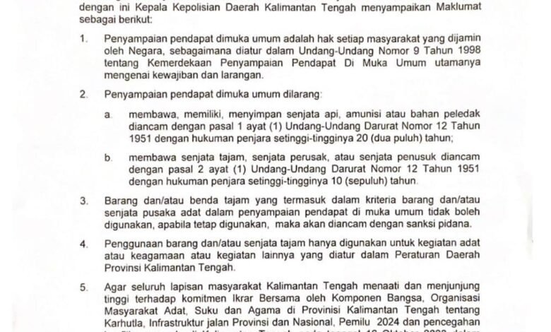 Kapolda Kalteng keluarkan Maklumat nomor: mak/2/XI/2023, pada tanggal 16 November 2023 tentang Penyampaian Pendapat Di Muka Umum.(Dok:Polda Kalteng)