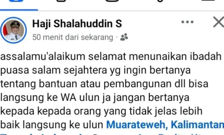 Akun Facebook Palsu Catut Nama Bupati Barito Utara, Modus Bantuan dan Umroh
